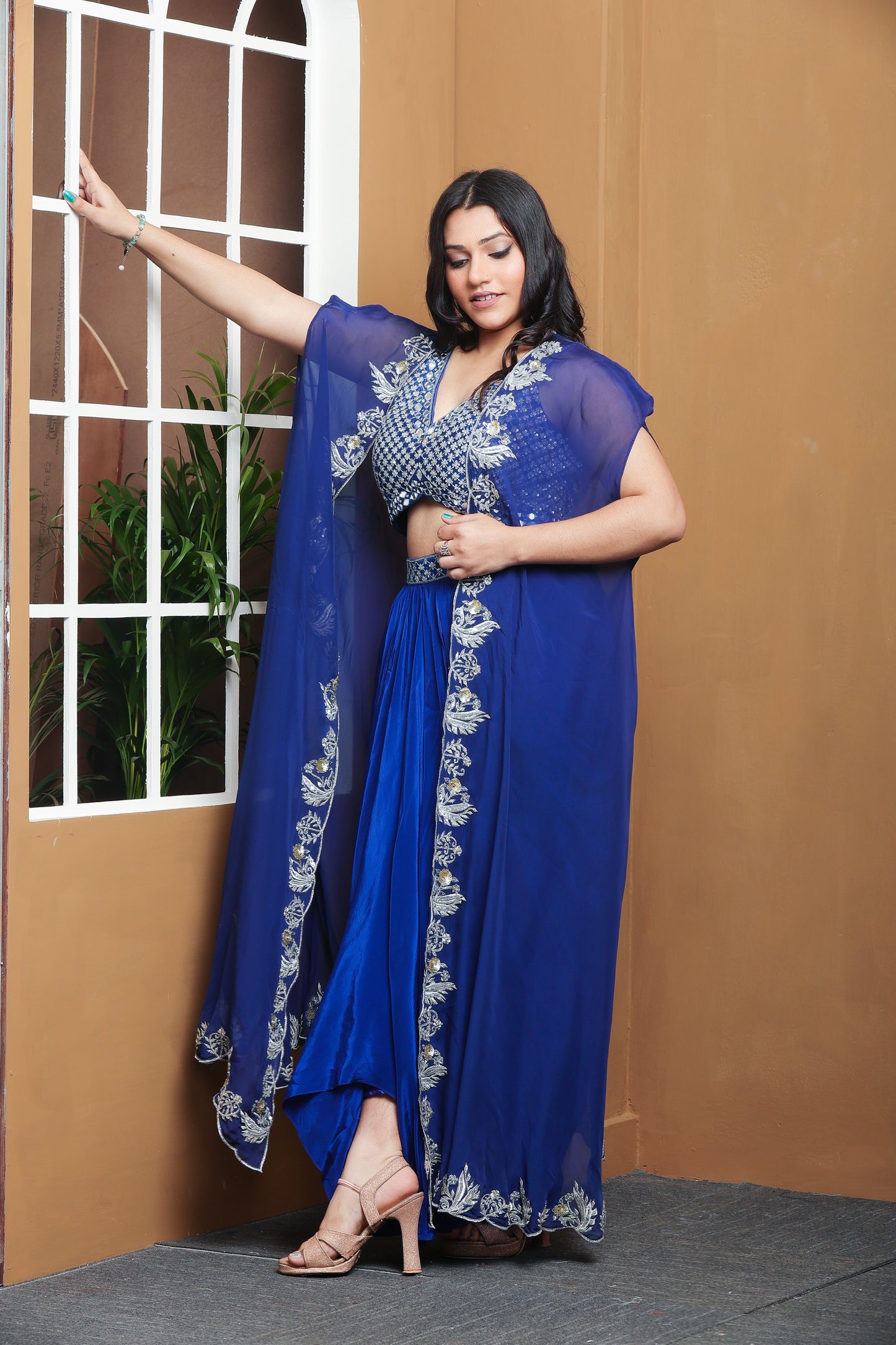Royal Elegance – Embroidered Blue Cape Set
