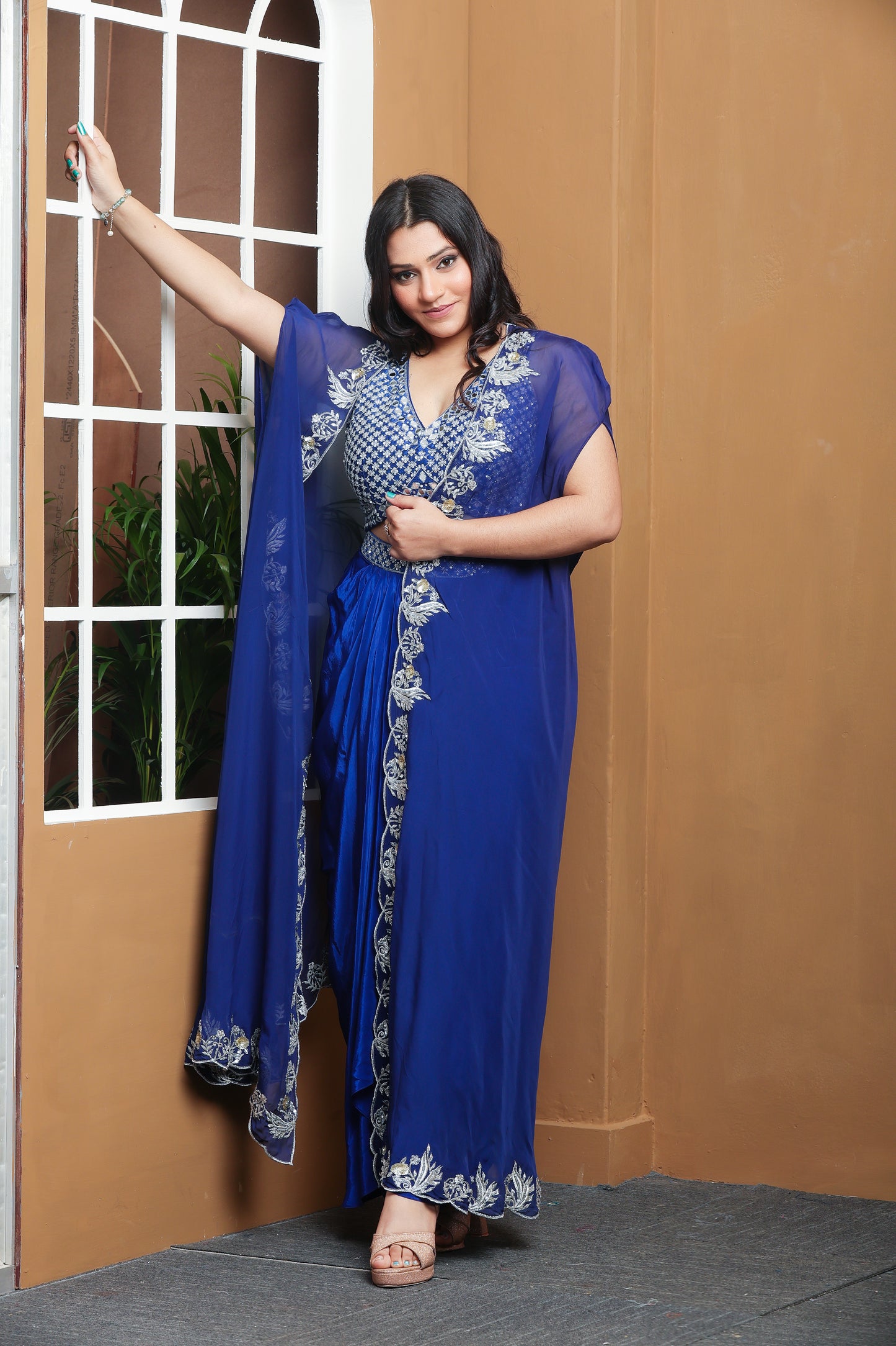 Royal Elegance – Embroidered Blue Cape Set
