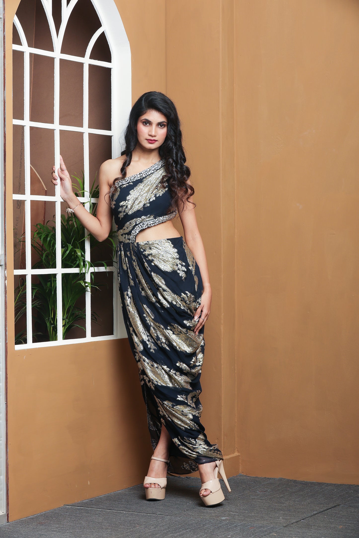 Midnight Glamour: Black & Gold Draped Saree Gown